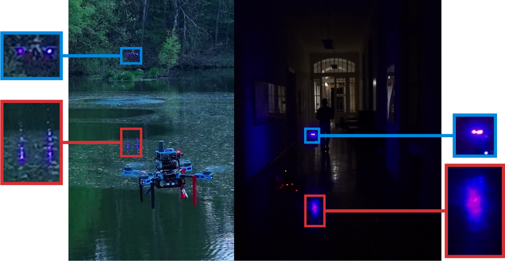 Outdoor flight over a pond and an indoor flight in a dark corridor. Blue boxes mark the UAV's active markers; red boxes mark their reflections on the water and on the floor.